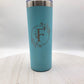 Teal skinny tumbler with floral wreath and letter F in silver on white background