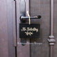 Black rectangle laser engrave no soliciting sign with leaf design and twine hanger on screen door
