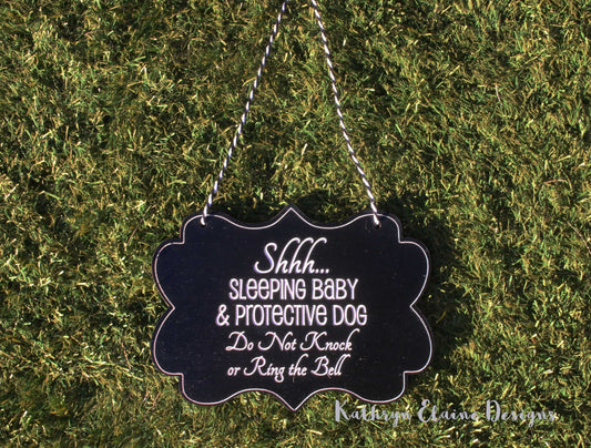 Baby Sleeping & Protective Dog, Please do not knock or ring the bell Laser Engraved Wooden Door Sign